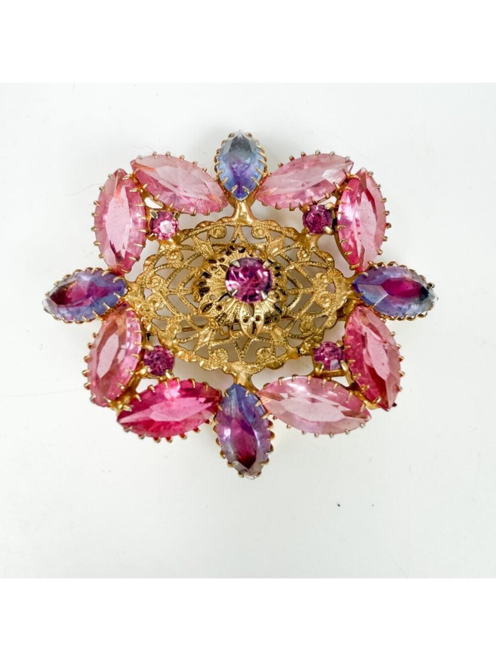 Vintage Pink Mulberry Navette Prong Set Gold Tone Filigree Brooch
